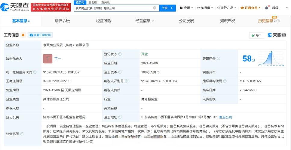 為丁一,注冊資本100萬人民幣,經營范圍含供應鏈管理服務